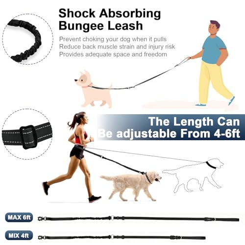 Heavy Duty Hands Free Dog Leash with Quick Release Carabiner and Adjustable No Pull Bungee Dog Running Waist Leash，for Walking and Training with Car Seat Belt 4-6FT (Black) - color: Black