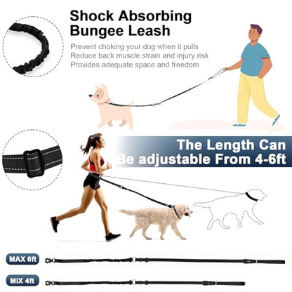 Heavy Duty Hands Free Dog Leash with Quick Release Carabiner and Adjustable No Pull Bungee Dog Running Waist Leash，for Walking and Training with Car Seat Belt 4-6FT (Black) - color: Black