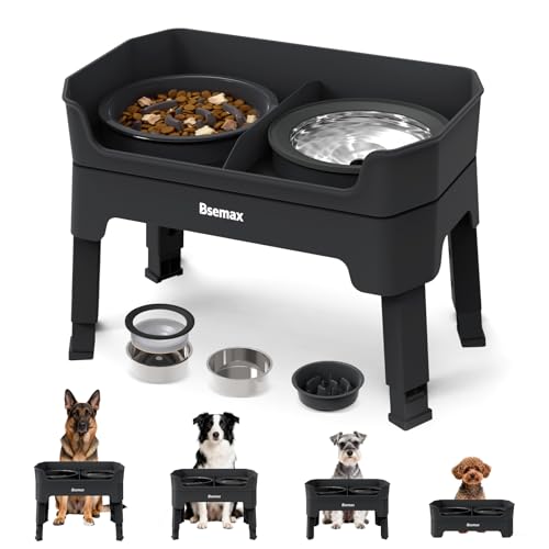 4 in 1 Adjustable Elevated Dog Bowls with 2*Stainless Steel Bowls, Anti-Spill Water Bowl, 4 Heights Raised Dog Bowl Stand for Small to Medium & Growing Large Puppies, Anti-Slip, Mess Proof Design - color: Black