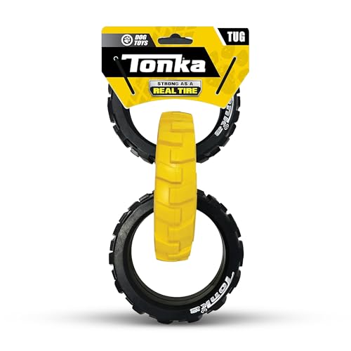Tonka 3-Ring Tug Outdoor Dog Toy, 10.5 Inch Ring Dog Tug Toy for Medium and Large Breeds, Black/Yellow - size: 10.5 inch Rubber Flex Tread