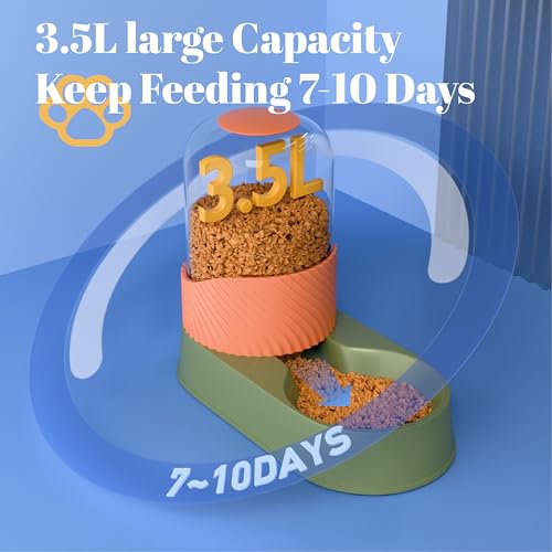 Automatic Cat Feeder and Water Dispenser 2Pcs, Dog Gravity Food Feeder and Water Bowl for Small Medium Pets Puppy Kitten, 3.5L/118.36oz Large Capacity, Easy to Clean (Orange) - color: Orange-Green