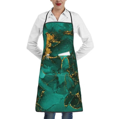 Women Men Bib Aprons Chef Cooking Apron With Pockets For Kitchen Grilling Bbq Painting Gardening - color: Green Marble