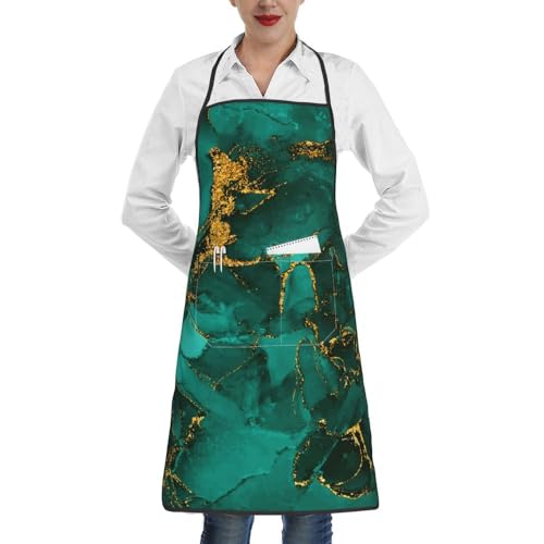 Women Men Bib Aprons Chef Cooking Apron With Pockets For Kitchen Grilling Bbq Painting Gardening - color: Green Marble