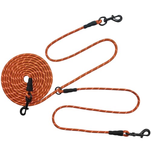 BTINESFUL 12FT 20FT 30FT 50FT Reflective Dog Tie Out for 2 Dogs, No Tangle 1/3 Inch Nylon Rope Long Tether for Two Dogs, Dog Trolley Runner for Yard Outdoor Camping (12 ft x 1/3", Orange) - color: Orange, size: 12 ft x 1/3"