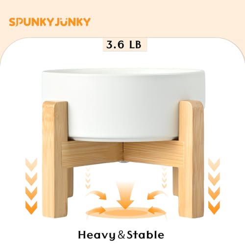 SPUNKYJUNKY Ceramic Elevated Dog Bowls 2 Pack - 8.3inch Raised Dog Bowls with Non-Slip Wooden Stand for Large Dogs Dishwasher Safe(White,60OZ*2) - color: White, size: Large - 7.6 CUPS*2