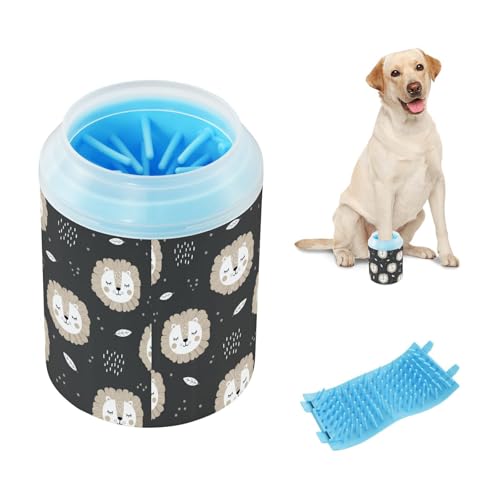 Lion Leaf Black Pattern Dog Paw Cleaner Cup with Soft Silicone Brush, Small Lightweight Portable Muddy Paw Washer for Dogs, Easy to Use Pet Foot Cleaner