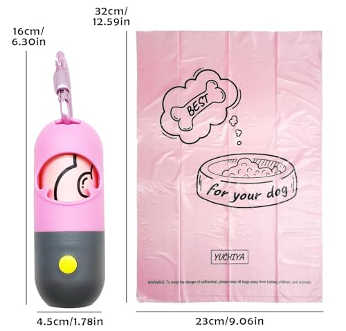 Dog Poop Bag Holder with LED Flashlight for Night Walks,Silicone Tether & Donut Pattern Clip for Used Bags, Hands-Free Metal Leash Carabiner, Includes 15 Scented Waste Bags(Pink) - color: Pink