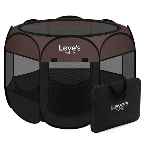 Love's cabin Pet Puppy Dog Playpen, Small Dog Tent Crates Cage Indoor/Outdoor, Portable Playpen for Cat, Foldable Pop Up Dog Kennel Playpen with Carring Case, Removable Zipper Top, Brown - color: Brown, size: 25.0"L x 25.0"W x 17.0"H