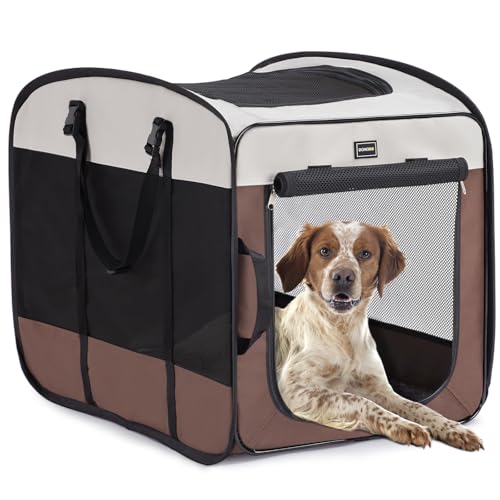 DONORO Dog Kennels and Crates for Medium Dogs, Portable Pop Up Indoor Pet Cage with Sturdy Wire Frame, Collapsible Travel Crate Soft Sided Cat Bag Escape Proof (Brown, 28.0" L x 18.0" W x 22.0" H) - color: Brown, size: 28.0"L x 18.0"W x 22.0"H