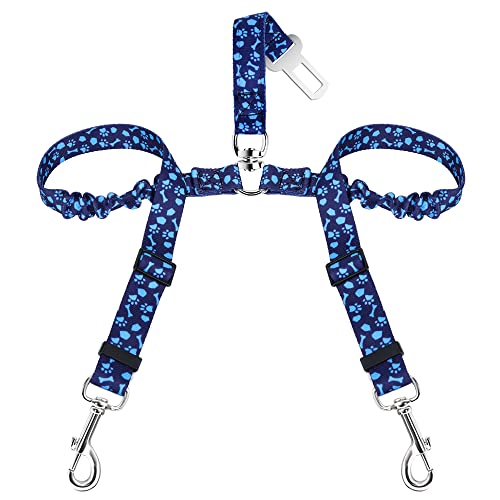 SlowTon Dog Seat Belt, Double Dog Seatbelt Adjustable Vehicle Safety Leash with Elastic Bungee Buffer, Reflective No Tangle Y Shape Two Dog Harness Seat Belt Splitter for Pets Car Trip (Blue Paws, S) - color: I.Blue Paws, size: 2 Small in 1