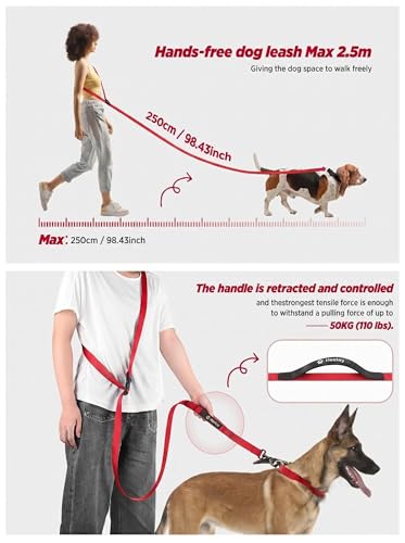 Hands Free Dog Leash, 5.9-8.2ft Multifunctional Crossbody Rope with Explosion-Proof Handle and Adjustable Training Hands Free Leash for Medium Dog Walking Running Hiking Travel Red - color: Red