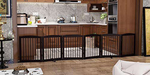 PUPETPO Freestanding Pet Gate for Dogs, Foldable Wooden Dog Gate for House, Extra Wide Indoor Pet Barrier for Stair, Doorway, Hall, Support Feet Included, 120 Inch Wide, 6 Panels 24", Brown - color: Dark Brown, size: 24" Height-6 Panel