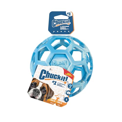 Chuckit! Holee Roller Dog Treat Puzzle Ball, Large (3"), Blue – Interactive Treat & Chew Puzzle Toy for Dogs 60–100 lb – Durable Rubber Fetch Ball for Mental Stimulation – Pack of 1