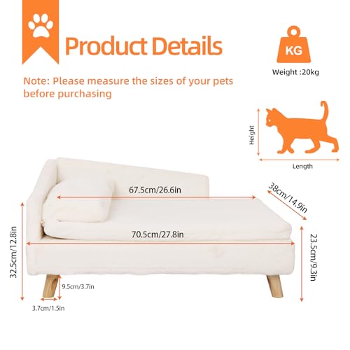 Elevated Cat Couch Sofa: Wooden Cat Bed Dog Chair with Bolster Cushion for Small Dogs Cute Pet Chaise Soft Cushion Fluffy Washable for Puppy - size: 27.8"x14.9"x9.3"