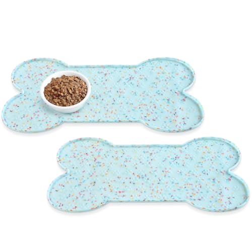 PWTAA Dog Food Mat Anti-Slip Silicone Dog Bowl Mat Thicker Pet Placemat Waterproof Cat Feeder Pad with Raised Edge Puppy Kitten Feeding Mats Suitable Small Medium-Sized Dogs Cats Eating Tray - 2PCS - color: Donut Blue, size: 19.4" x 9.8"-2PCS