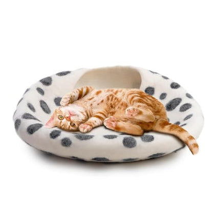 Luxurious Merino Wool Cat Cave - Cats Curl Into Instantly - Foldable Hideaway Pod for Indoor Cats - Felt Kitten Pet Enclosure - Covered Cat House by Woolygon - color: White Polka