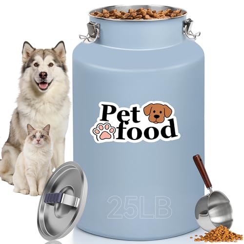 25 lb Stainless Steel Dog Food Storage Container, Airtight Metal Pet Food Canister with Lid & Scoop for Dog Cat Kibble, Heavy Duty for Daily Use, Keeps Kibble Fresh & Crunchy - size: Small