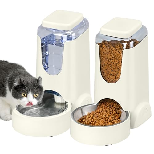 2 Pack Automatic Cat Feeder and Stainless Steel Water Dispenser, Gravity Dog Waterer Set Food Feeder and Waterer Set for Small Medium Kitten Puppy Pets (1 Gallon x 2, Ivory White) - color: 1 Gallon x 2 - Ivory White