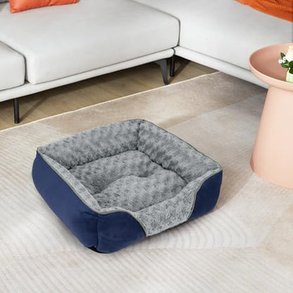 INVENHO Small Dog Bed Rectangle Washable Orthopedic Soft Calming Sleeping Durable Pet Cuddler with Anti-Slip Bottom - color: Navy, size: S(20"x 19"x 6")
