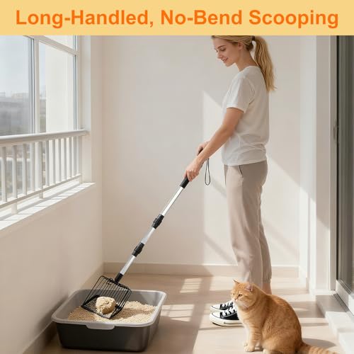 Cat Litter Scoop with Extendable Long Handle, 22.2"-42.5" No Bending Back Metal Kitty Litter Scoop, Large Non-Stick Wide Flat Head Heavy Duty Cat Pooper Scooper