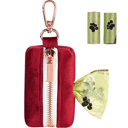 ARING PET Dog Waste Bag Dispenser, Soft Velvet Doggy Poop Bags Holders Attach to Any Leashes, Portable Washable Christmas Pet Waste Pouch Dispenser with Metal Zipper - color: A:christmas red