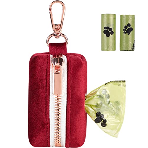 ARING PET Dog Waste Bag Dispenser, Soft Velvet Doggy Poop Bags Holders Attach to Any Leashes, Portable Washable Christmas Pet Waste Pouch Dispenser with Metal Zipper - color: A:christmas red