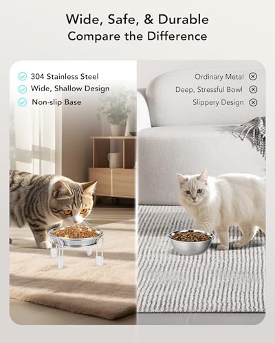 Elevated cat Bowl, 6.3" Wide Raised Stainless Steel Cat Food and Water Dishes, Small Dog Bowl, Whisker Friendly, Anti-Vomiting, Neck Stress-Free, Non-Slip Stainless Steel Stand with 4 Legs- 4Pack - color: 4PC