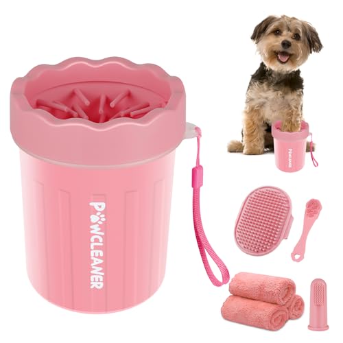 Professional 7 in 1 Dog Paw Cleaner for Dogs & Cats - Includes 1 Portable Paw Washer, 1 Bath Brush, 2 Dog Toothbrushes and 3 Absorbent Towels Note: Fits Paws up to 2 Inches Wide (Small, Light Pink) - color: Light Pink, size: Small