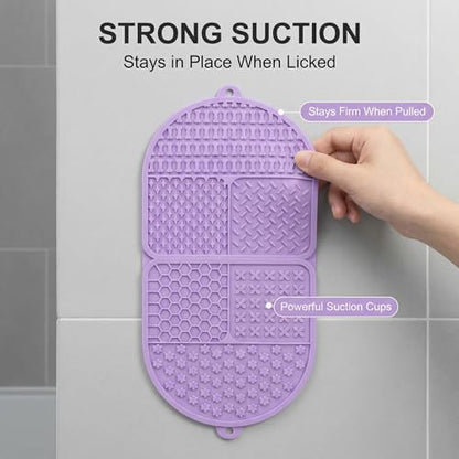 Foldable Dog Lick Mat, 142 Strong Suction Cups Silicone Slow Feeder Lick Pad with 6 Textured Zones, Anxiety Relief Mat for Bath Grooming, BPA Free for Dogs & Cats (Purple, 17.32 x 7.87in)