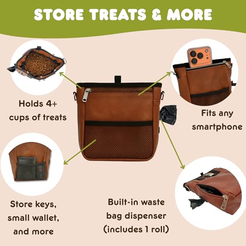OtterPets Large Dog Treat Pouch PU Leather with Clicker, Magnetic Clasp, Fits All Phones, 4 Cups, Hands-Free Pouches for Dog Training Treat Pouch, Built in Poop Bag Holder