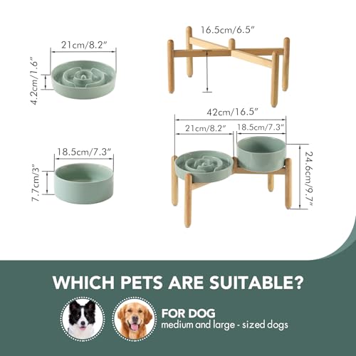 Havniva 8.2” Raised Slow Feeder Dog Bowls Set, 1.6 Cups Ceramic Slow Feeder Dog Bowl and 7.3” Dog Water Bowl with Elevated Wooden Stand Puzzle Dog Food Bowl for Medium Dogs Anti-Gulping & Anti-Choking - color: 2 x Light Green+Stand-A, size: 8.2inch