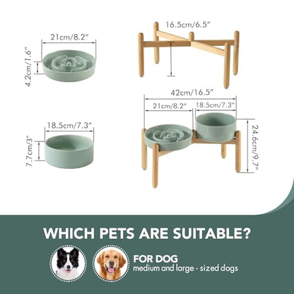 Havniva 8.2” Raised Slow Feeder Dog Bowls Set, 1.6 Cups Ceramic Slow Feeder Dog Bowl and 7.3” Dog Water Bowl with Elevated Wooden Stand Puzzle Dog Food Bowl for Medium Dogs Anti-Gulping & Anti-Choking - color: 2 x Light Green+Stand-A, size: 8.2inch