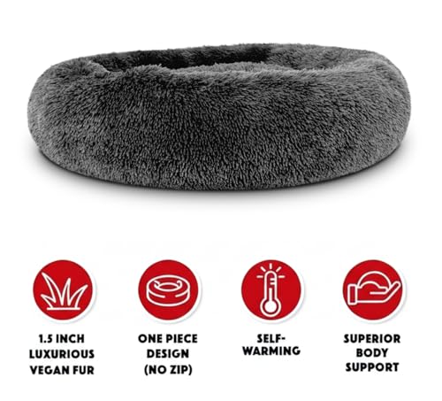 The Dog’s Bed Calming Donut Dog Bed, Plush Faux Fur Round Cuddler Nest – CertiPUR-Certified Foam, One-Piece Design, Raised Bolster – Large (36"), Grey