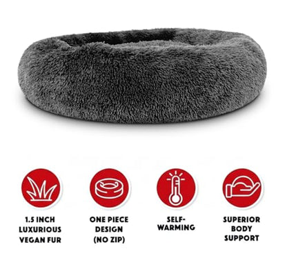 The Dog’s Bed Calming Donut Dog Bed, Plush Faux Fur Round Cuddler Nest – CertiPUR-Certified Foam, One-Piece Design, Raised Bolster – Large (36"), Grey