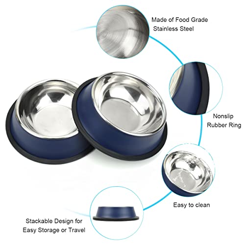 Stainless Steel Dog Bowls, Food and Water Non Slip Anti Skid Stackable Pet Puppy Dishes for Small, Medium and Large Dogs (2 Pack) - color: Navy, size: 2¼ Cup/18 oz