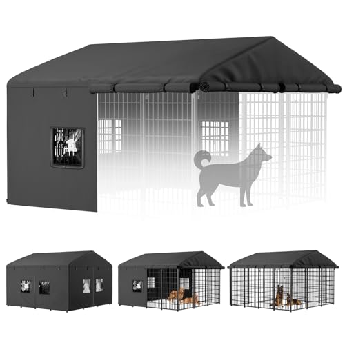 PawGiant Dog Kennel Cover Replacement, Full Coverage Waterproof Tarp for 10x10x6ft Dog Crate with 600D Oxford Fabric, 8 Transparent Window for Enclosure Outside, Large - size: Large