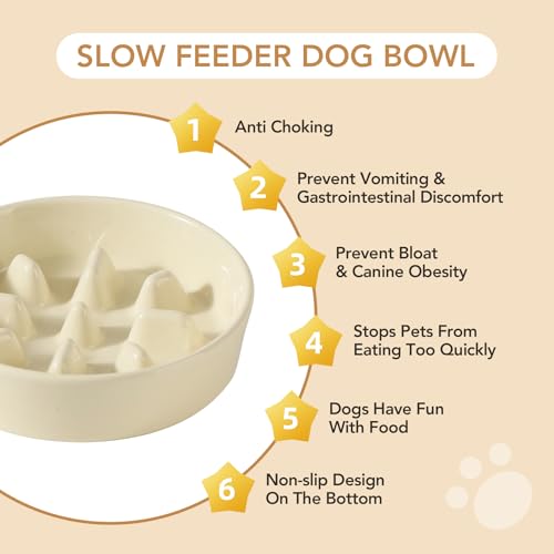 Havniva Ceramic Slow Feeder Dog Bowls, 1.2 Cups Dog Bowl Slow Feeding for Small and Medium Breed, 7.3inch Puzzle Dog Food Bowl Slow Feeder Non-Slip Anti-Gulping and Anti-Choking Reduces Bloating - color: 1 x Light Yellow-C, size: 7.3inch
