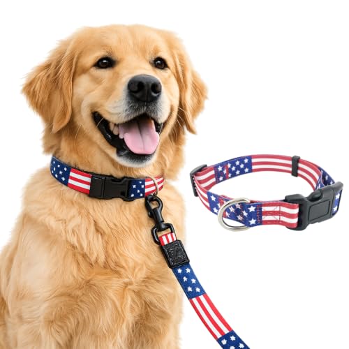 American Flag Dog Collar, Adjustable Nylon Patriotic Red White & Blue Collar for Small Medium Large Dogs, July 4th & Memorial Day USA Pet Collar - size: Medium