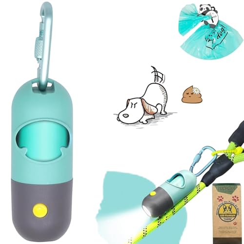 Dog Poop Bag Holder with LED Flashlight for Night Walks,Silicone Tether & Panda Pattern Clip for Used Bags, Hands-Free Metal Leash Carabiner, Includes 15 Scented Waste Bags (Crystal Blue) - color: Crystal Blue