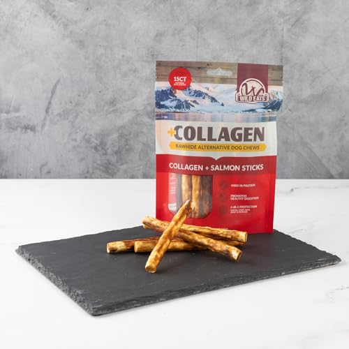 Wild Eats Real Salmon Collagen Bully Sticks for Dogs, 15 Count, 1cm Thick | Long lasting chew treats, satisfies natural gnawing urges, keeps pups busy and engaged, suits small, medium and big breeds - size: 5.3 Ounce (Pack of 15)
