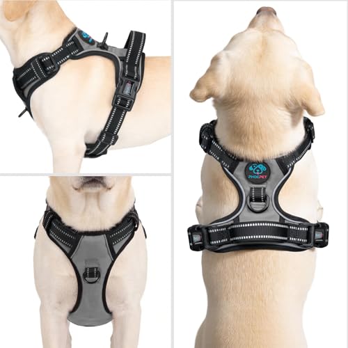PHOEPET No Pull Dog Harness Medium Reflective Front Clip Vest with Handle, Adjustable 2 Metal Rings 2 Buckles(M, Grey) - color: Gray, size: Medium