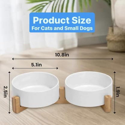Ceramic Cat and Small Dog Bowl Set – Modern Indoor Small Size Pet Food and Water Bowls with Wood Stand – Non Slip Puppy Sized Feeding Station with Double Dishes (White) - color: White