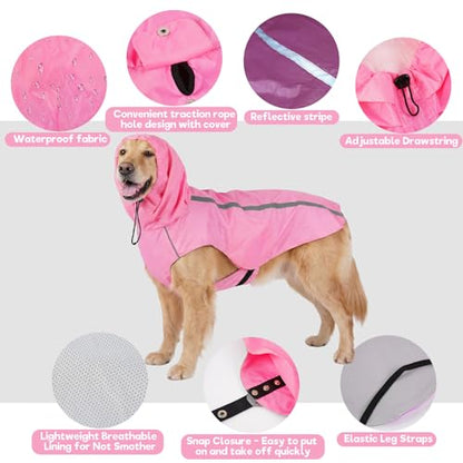 Dog Raincoat with Reflective Strip Hoodie, Waterproof Dog Raincoats, Adjustable Lightweight Hooded Poncho Dog Rain Jacket, Snowproof Windproof Clothes, Dog Raincoat for Large Dogs - color: Pink, size: XXL