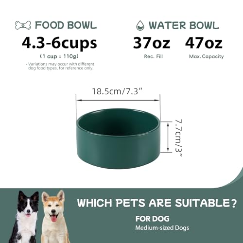 Havniva 7.3” Ceramic Dog Bowls, Dog Food and Water Bowl for Medium Dogs, Durable Dog Water Bowl with Non-Slip Rubber Base Large Capacity Pet Feeding Bowl - color: Matte Dark Green, size: 7.3 Inch