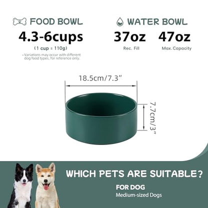 Havniva 7.3” Ceramic Dog Bowls, Dog Food and Water Bowl for Medium Dogs, Durable Dog Water Bowl with Non-Slip Rubber Base Large Capacity Pet Feeding Bowl - color: Matte Dark Green, size: 7.3 Inch