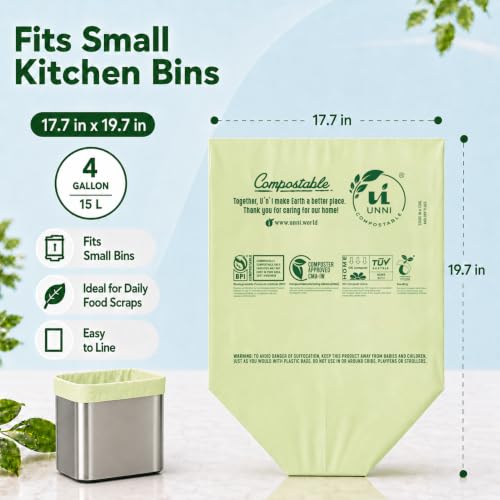 UNNI Compostable Trash Bags, 4 Gallon / 15 Liter, 100 Count, Extra Thick 0.75 mil Small Kitchen Food Scrap Bin Liners, Certified by BPI, CMA & OK compost HOME, Meets the ASTM D6400 Standard - size: 100 Count (Pack of 1), style: 4 Gallon