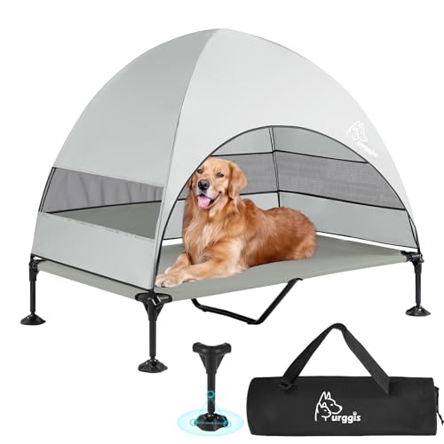 Upgraded Elevated Dog Bed with Canopy, Portable Raised Outdoor Dog Bed with Stable Anti-Slip Feet, Removable Wider Shade, Raised Dogs Cot for Large Pets Camping, Indoor & Outdoor Use - color: Dog Canopy-Grey, size: 50.0"L x 32.0"W x 42.5"Th