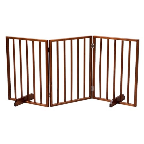3-Panel Dog Gate for Stairs, Pet Gate Indoor, 24" Height Dog Fence with 2 Support Feet, Foldable & Well-Ventilated, No Assembly Required, Wood Stair Gates for Small to Medium-Sized Pet Breeds, Brown - size: 3-panel