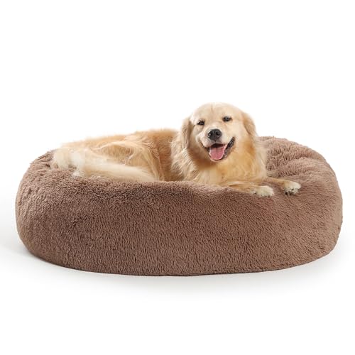 SAVFOX 36 inches Calming Donut Dog Bed - 3X Durable Plush Faux Fur, Machine Washable & Non-Slip, Fits up to 100 lbs, Brown - color: Brown, size: Large | 36"x36"