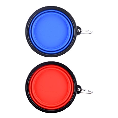 Large Collapsible Dog Bowls, 34oz Travel Water Food Bowls Portable Foldable Collapse Dishes with Carabiner Clip, 2 Pack (Blue + Red)